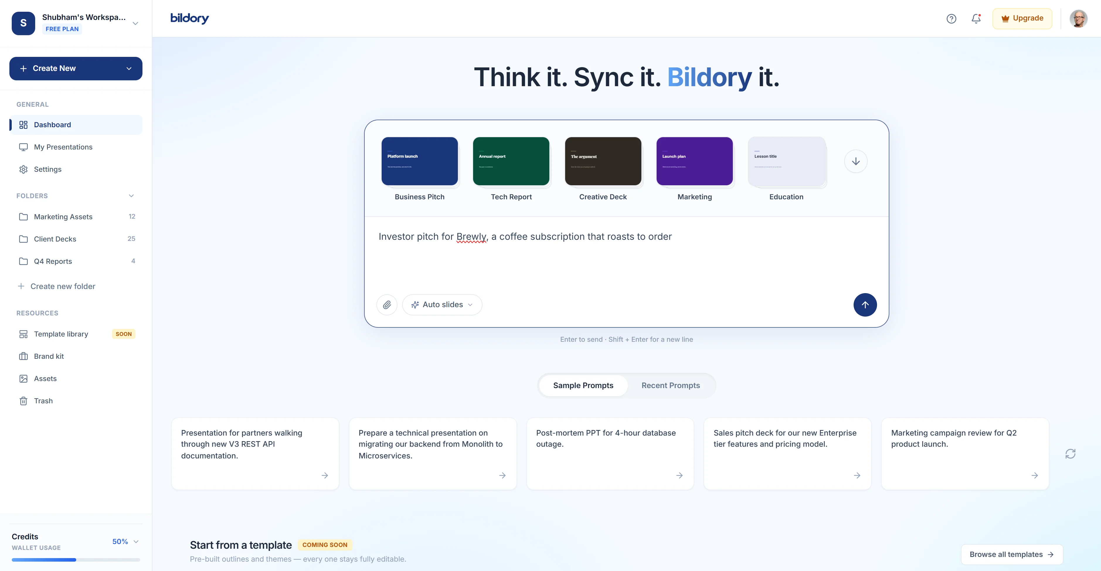 The Bildory dashboard, with a prompt typed in